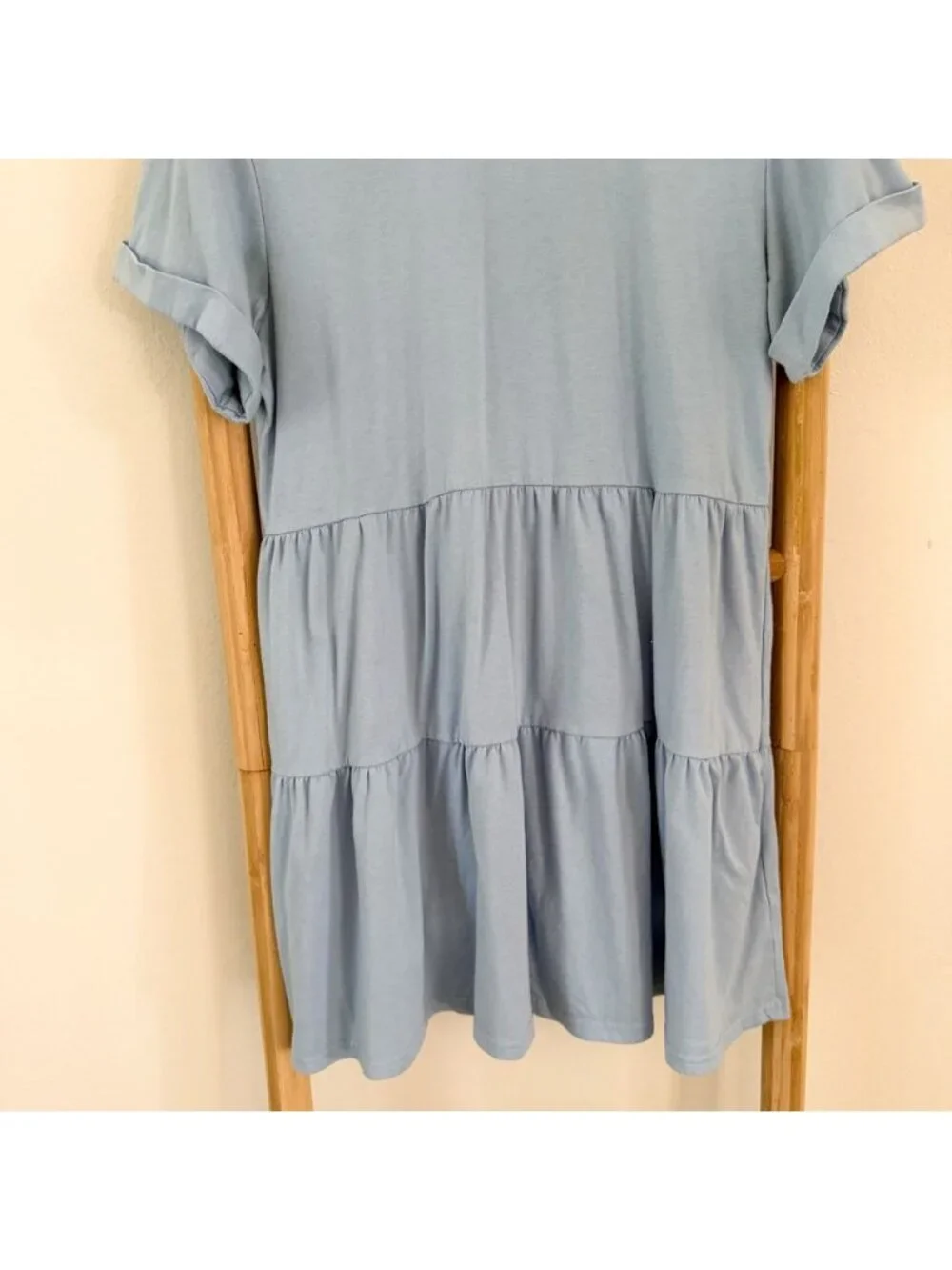 SHEIN Light Blue Rolled Cuff Short Sleeve Tiered Babydoll Mini Dress Size Small